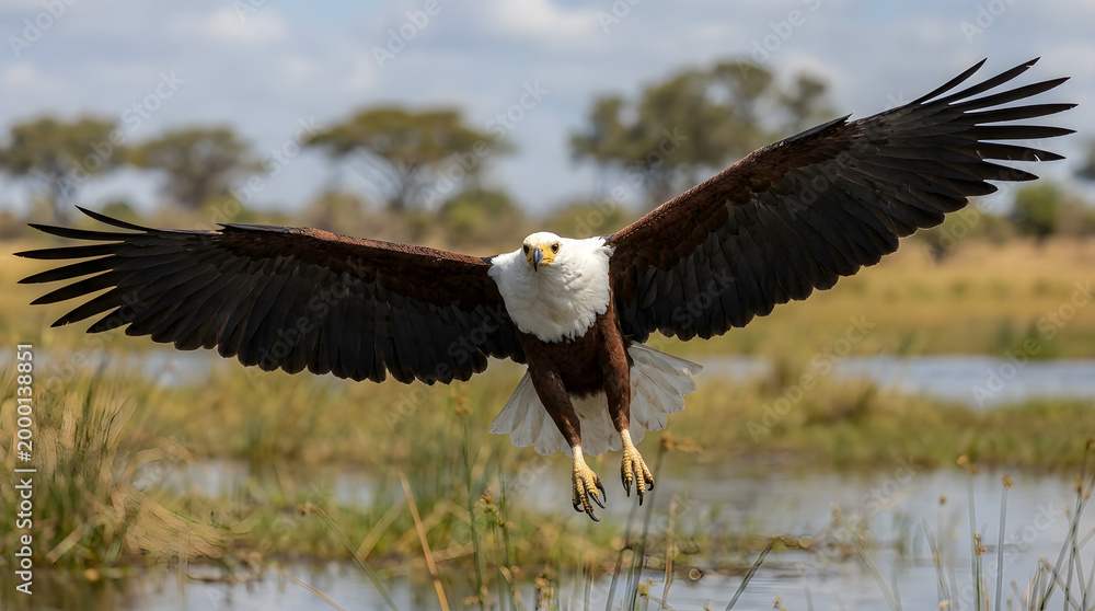 Fototapeta premium Majestic African fish eagle with outstretched wings flying low over water