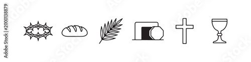 Vector icons of religious Christian symbols in a clean line style, featuring a wheat stalk, communion chalice, bread loaf, cross, crown of thorns, and the empty tomb of Jesus.