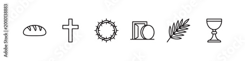 Vector icons of religious Christian symbols in a clean line style, featuring a wheat stalk, communion chalice, bread loaf, cross, crown of thorns, and the empty tomb of Jesus.