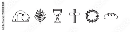 Vector icons of religious Christian symbols in a clean line style, featuring a wheat stalk, communion chalice, bread loaf, cross, crown of thorns, and the empty tomb of Jesus.
