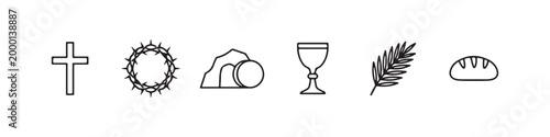 Vector icons of religious Christian symbols in a clean line style, featuring a wheat stalk, communion chalice, bread loaf, cross, crown of thorns, and the empty tomb of Jesus.