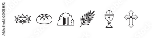Vector icons of religious Christian symbols in a clean line style, featuring a wheat stalk, communion chalice, bread loaf, cross, crown of thorns, and the empty tomb of Jesus.