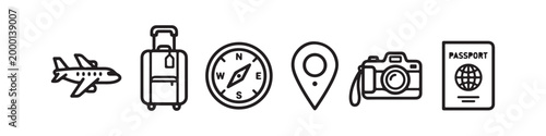 Vector icons representing travel and tourism in a clean thin line style, including a map pin, suitcase, photo camera, passport, compass, and an airplane.