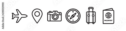 Vector icons representing travel and tourism in a clean thin line style, including a map pin, suitcase, photo camera, passport, compass, and an airplane.