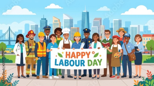 Multi-Ethnic Professional Team Holding Happy Labour Day Banner