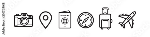 Vector icons representing travel and tourism in a clean thin line style, including a map pin, suitcase, photo camera, passport, compass, and an airplane.