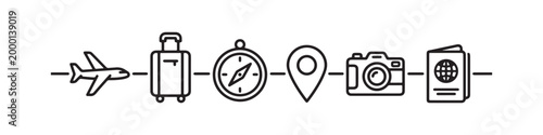 Vector icons representing travel and tourism in a clean thin line style, including a map pin, suitcase, photo camera, passport, compass, and an airplane.