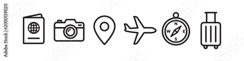 Vector icons representing travel and tourism in a clean thin line style, including a map pin, suitcase, photo camera, passport, compass, and an airplane.