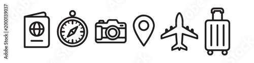 Vector icons representing travel and tourism in a clean thin line style, including a map pin, suitcase, photo camera, passport, compass, and an airplane.