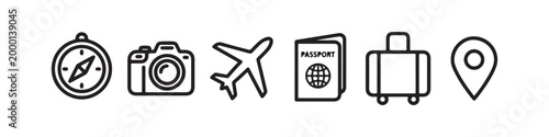 Vector icons representing travel and tourism in a clean thin line style, including a map pin, suitcase, photo camera, passport, compass, and an airplane.