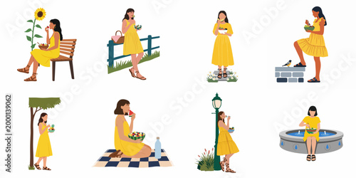 Set of flat illustrations featuring women in yellow dresses eating fresh fruit salads in various outdoor and park environments during a sunny summer day.