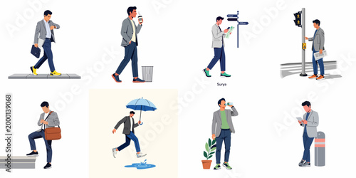Collection of flat vector illustrations depicting a modern businessman in various daily activities, such as commuting, drinking coffee, and using mobile devices.