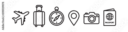 Vector icons representing travel and tourism in a clean thin line style, including a map pin, suitcase, photo camera, passport, compass, and an airplane.