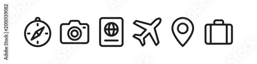 Vector icons representing travel and tourism in a clean thin line style, including a map pin, suitcase, photo camera, passport, compass, and an airplane.