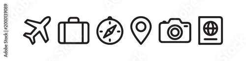 Vector icons representing travel and tourism in a clean thin line style, including a map pin, suitcase, photo camera, passport, compass, and an airplane.