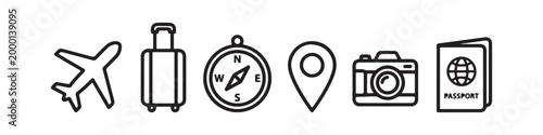 Vector icons representing travel and tourism in a clean thin line style, including a map pin, suitcase, photo camera, passport, compass, and an airplane.