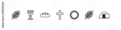 Vector icons of religious Christian symbols in a clean line style, featuring a wheat stalk, communion chalice, bread loaf, cross, crown of thorns, and the empty tomb of Jesus.