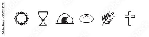 Vector icons of religious Christian symbols in a clean line style, featuring a wheat stalk, communion chalice, bread loaf, cross, crown of thorns, and the empty tomb of Jesus.