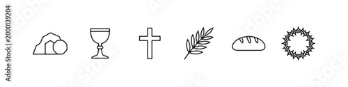 Vector icons of religious Christian symbols in a clean line style, featuring a wheat stalk, communion chalice, bread loaf, cross, crown of thorns, and the empty tomb of Jesus.