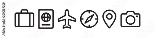 Vector icons representing travel and tourism in a clean thin line style, including a map pin, suitcase, photo camera, passport, compass, and an airplane.