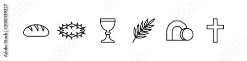 Vector icons of religious Christian symbols in a clean line style, featuring a wheat stalk, communion chalice, bread loaf, cross, crown of thorns, and the empty tomb of Jesus.