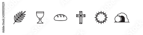 Vector icons of religious Christian symbols in a clean line style, featuring a wheat stalk, communion chalice, bread loaf, cross, crown of thorns, and the empty tomb of Jesus.