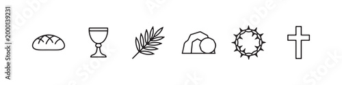 Vector icons of religious Christian symbols in a clean line style, featuring a wheat stalk, communion chalice, bread loaf, cross, crown of thorns, and the empty tomb of Jesus.