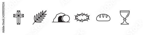 Vector icons of religious Christian symbols in a clean line style, featuring a wheat stalk, communion chalice, bread loaf, cross, crown of thorns, and the empty tomb of Jesus.