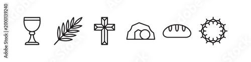 Vector icons of religious Christian symbols in a clean line style, featuring a wheat stalk, communion chalice, bread loaf, cross, crown of thorns, and the empty tomb of Jesus.