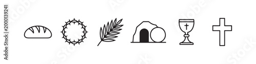 Vector icons of religious Christian symbols in a clean line style, featuring a wheat stalk, communion chalice, bread loaf, cross, crown of thorns, and the empty tomb of Jesus.