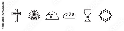 Vector icons of religious Christian symbols in a clean line style, featuring a wheat stalk, communion chalice, bread loaf, cross, crown of thorns, and the empty tomb of Jesus.