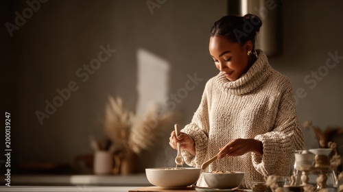 Cozy woman preparing a warm, healthy breakfast in a sunlit kitchen. A woman in a chunky knit sweater stirs a steaming bowl of oatmeal, enjoying a peaceful morning meal