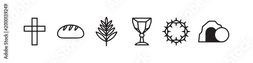 Vector icons of religious Christian symbols in a clean line style, featuring a wheat stalk, communion chalice, bread loaf, cross, crown of thorns, and the empty tomb of Jesus.