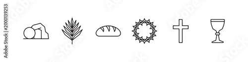 Vector icons of religious Christian symbols in a clean line style, featuring a wheat stalk, communion chalice, bread loaf, cross, crown of thorns, and the empty tomb of Jesus.