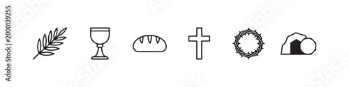 Vector icons of religious Christian symbols in a clean line style, featuring a wheat stalk, communion chalice, bread loaf, cross, crown of thorns, and the empty tomb of Jesus.