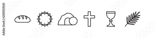 Vector icons of religious Christian symbols in a clean line style, featuring a wheat stalk, communion chalice, bread loaf, cross, crown of thorns, and the empty tomb of Jesus.