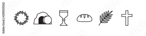 Vector icons of religious Christian symbols in a clean line style, featuring a wheat stalk, communion chalice, bread loaf, cross, crown of thorns, and the empty tomb of Jesus.