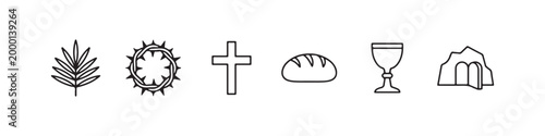 Vector icons of religious Christian symbols in a clean line style, featuring a wheat stalk, communion chalice, bread loaf, cross, crown of thorns, and the empty tomb of Jesus.