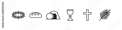 Vector icons of religious Christian symbols in a clean line style, featuring a wheat stalk, communion chalice, bread loaf, cross, crown of thorns, and the empty tomb of Jesus.