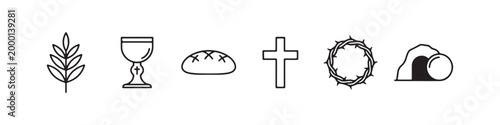 Vector icons of religious Christian symbols in a clean line style, featuring a wheat stalk, communion chalice, bread loaf, cross, crown of thorns, and the empty tomb of Jesus.