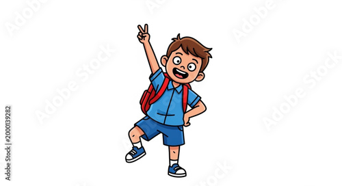 Excited young boy with backpack showing peace sign.