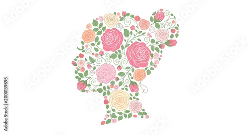Floral Silhouette Profile of Woman's Head with Roses and Leaves