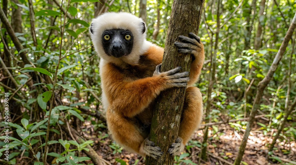 Fototapeta premium Close-up portrait of a lemur clinging to a tree trunk in a lush forest environment