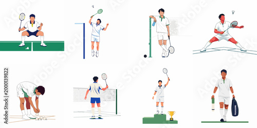 Collection of vector illustrations featuring a male badminton player in various action, rest, and victory poses on a court.
