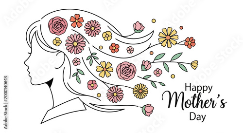 Happy Mother's Day illustration: Woman's profile with flowers in her flowing hair