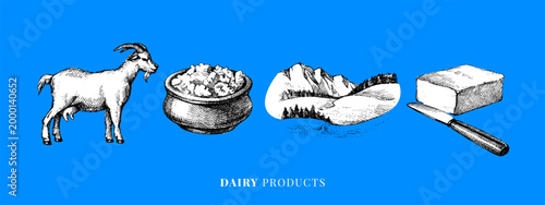 Hand drawn sketch milk dairy products set. Vector vintage illustration. Collage stickers background