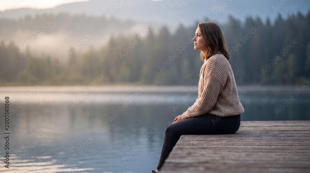 Fototapeta premium Woman sitting on dock looking at misty lake at sunrise