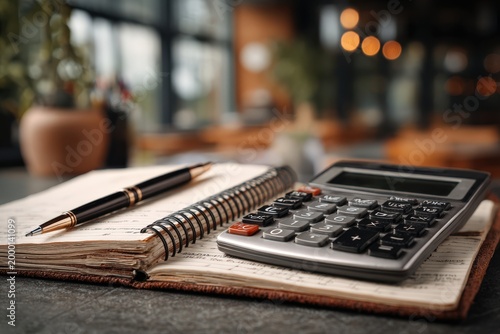 Desk with Open Notebook Calculator and Pen in Soft Natural Light Office Setting