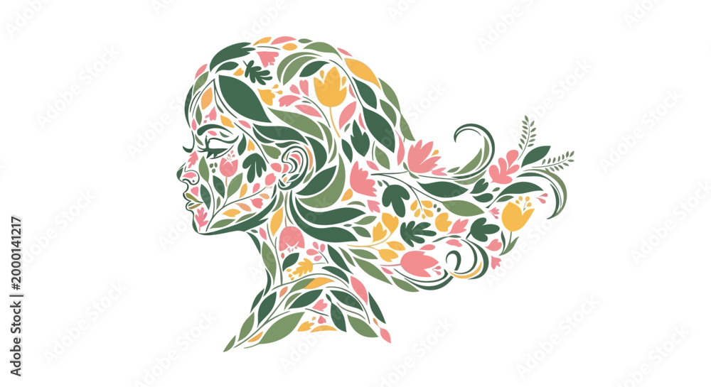 Fototapeta premium Profile Silhouette of Woman with Hair Made of Flowers and Leaves, Spring Theme