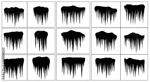 Collection of fifteen diverse black silhouette icicles hanging from abstract icy formations against a clean white background representing winter and cold weather elements